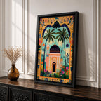 Colorful illustration of an Islamic mosque with a dark blue dome framed by tall palm trees and a decorative archway filled with floral patterns and tropical plants surrounding a peaceful garden courtyard.