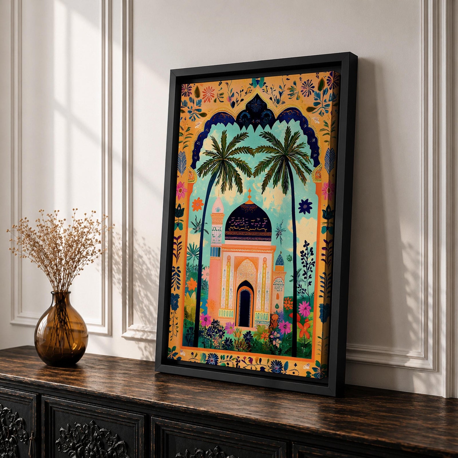 Colorful illustration of an Islamic mosque with a dark blue dome framed by tall palm trees and a decorative archway filled with floral patterns and tropical plants surrounding a peaceful garden courtyard.