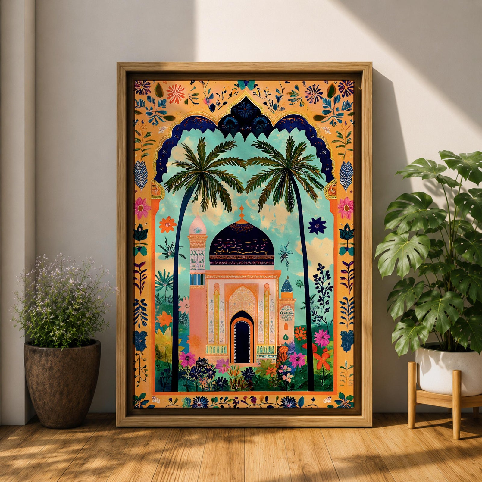 Colorful illustration of an Islamic mosque with a dark blue dome framed by tall palm trees and a decorative archway filled with floral patterns and tropical plants surrounding a peaceful garden courtyard.