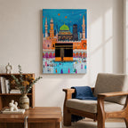 Colorful stylized illustration of the Kaaba at Masjid al-Haram in Mecca surrounded by bright mosque architecture, tall minarets, and crowds of pilgrims, with festive stars and decorative elements in a vibrant blue night sky creating a playful Islamic city scene.