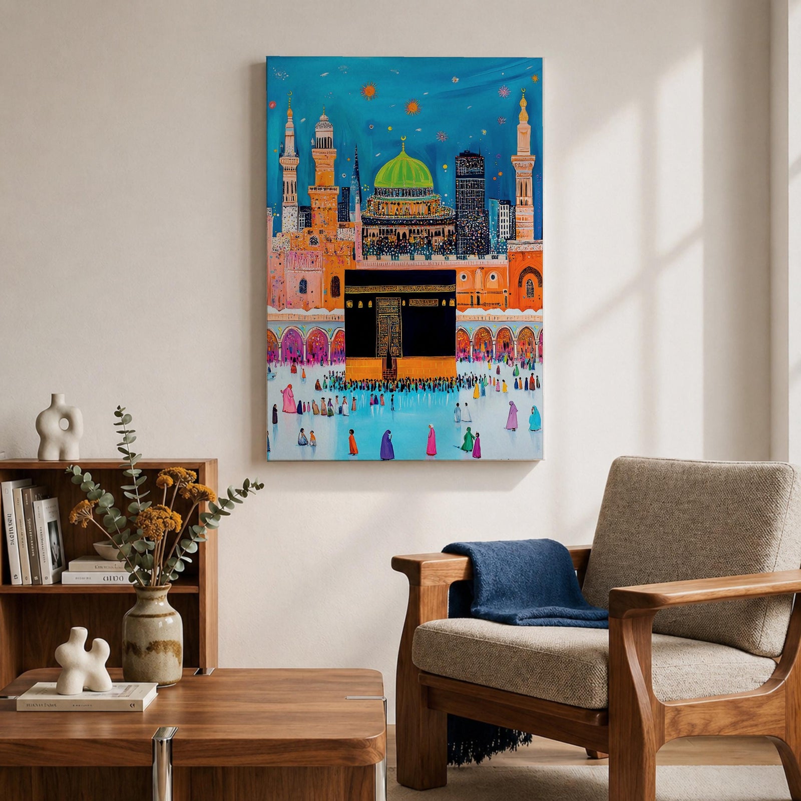 Colorful stylized illustration of the Kaaba at Masjid al-Haram in Mecca surrounded by bright mosque architecture, tall minarets, and crowds of pilgrims, with festive stars and decorative elements in a vibrant blue night sky creating a playful Islamic city scene.
