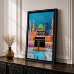 Colorful stylized illustration of the Kaaba at Masjid al-Haram in Mecca surrounded by bright mosque architecture, tall minarets, and crowds of pilgrims, with festive stars and decorative elements in a vibrant blue night sky creating a playful Islamic city scene.
