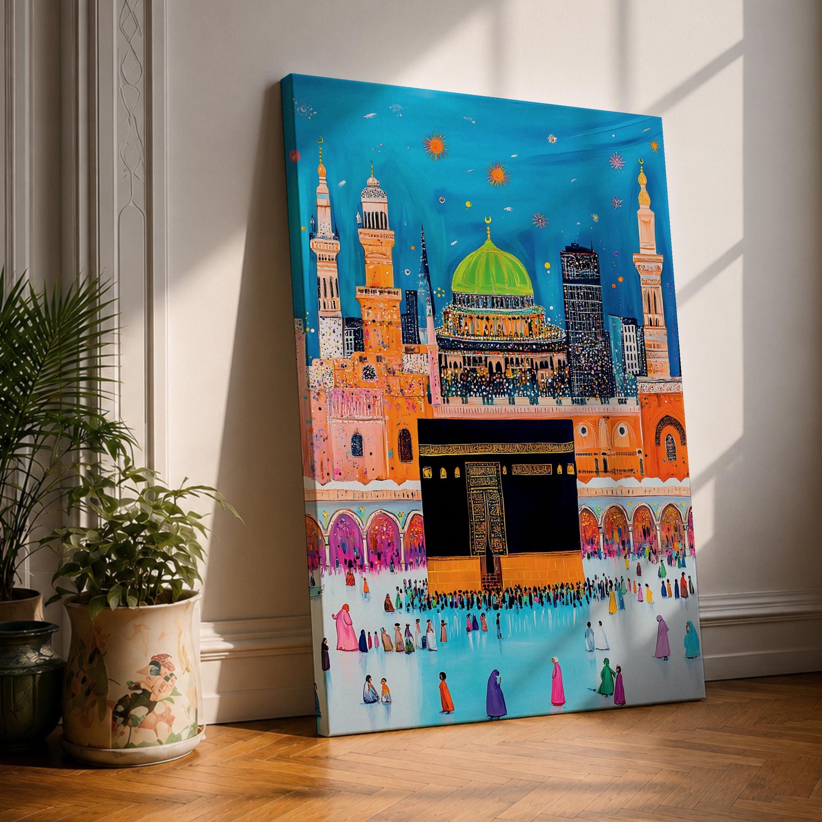 Colorful stylized illustration of the Kaaba at Masjid al-Haram in Mecca surrounded by bright mosque architecture, tall minarets, and crowds of pilgrims, with festive stars and decorative elements in a vibrant blue night sky creating a playful Islamic city scene.