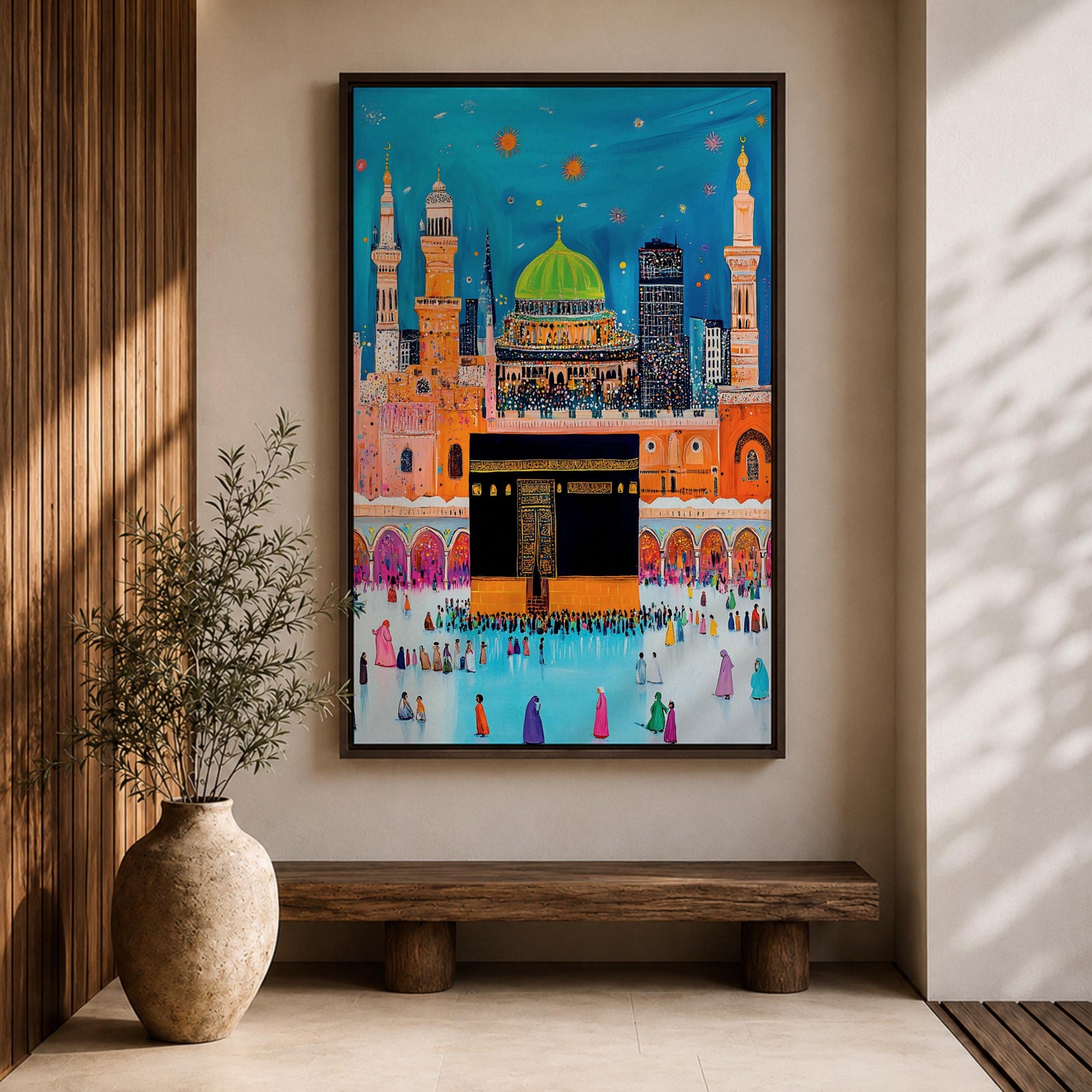 Colorful stylized illustration of the Kaaba at Masjid al-Haram in Mecca surrounded by bright mosque architecture, tall minarets, and crowds of pilgrims, with festive stars and decorative elements in a vibrant blue night sky creating a playful Islamic city scene.