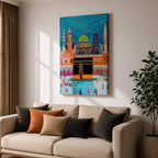 Colorful stylized illustration of the Kaaba at Masjid al-Haram in Mecca surrounded by bright mosque architecture, tall minarets, and crowds of pilgrims, with festive stars and decorative elements in a vibrant blue night sky creating a playful Islamic city scene.