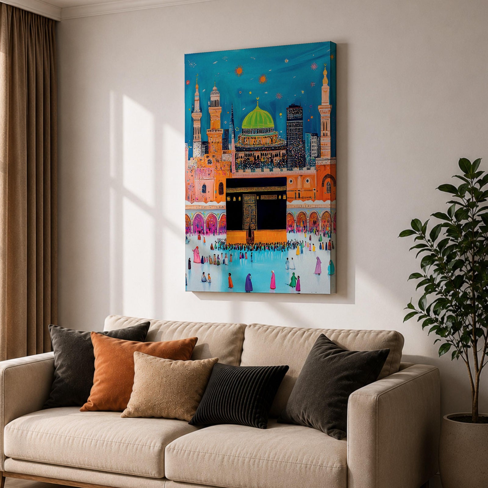 Colorful stylized illustration of the Kaaba at Masjid al-Haram in Mecca surrounded by bright mosque architecture, tall minarets, and crowds of pilgrims, with festive stars and decorative elements in a vibrant blue night sky creating a playful Islamic city scene.