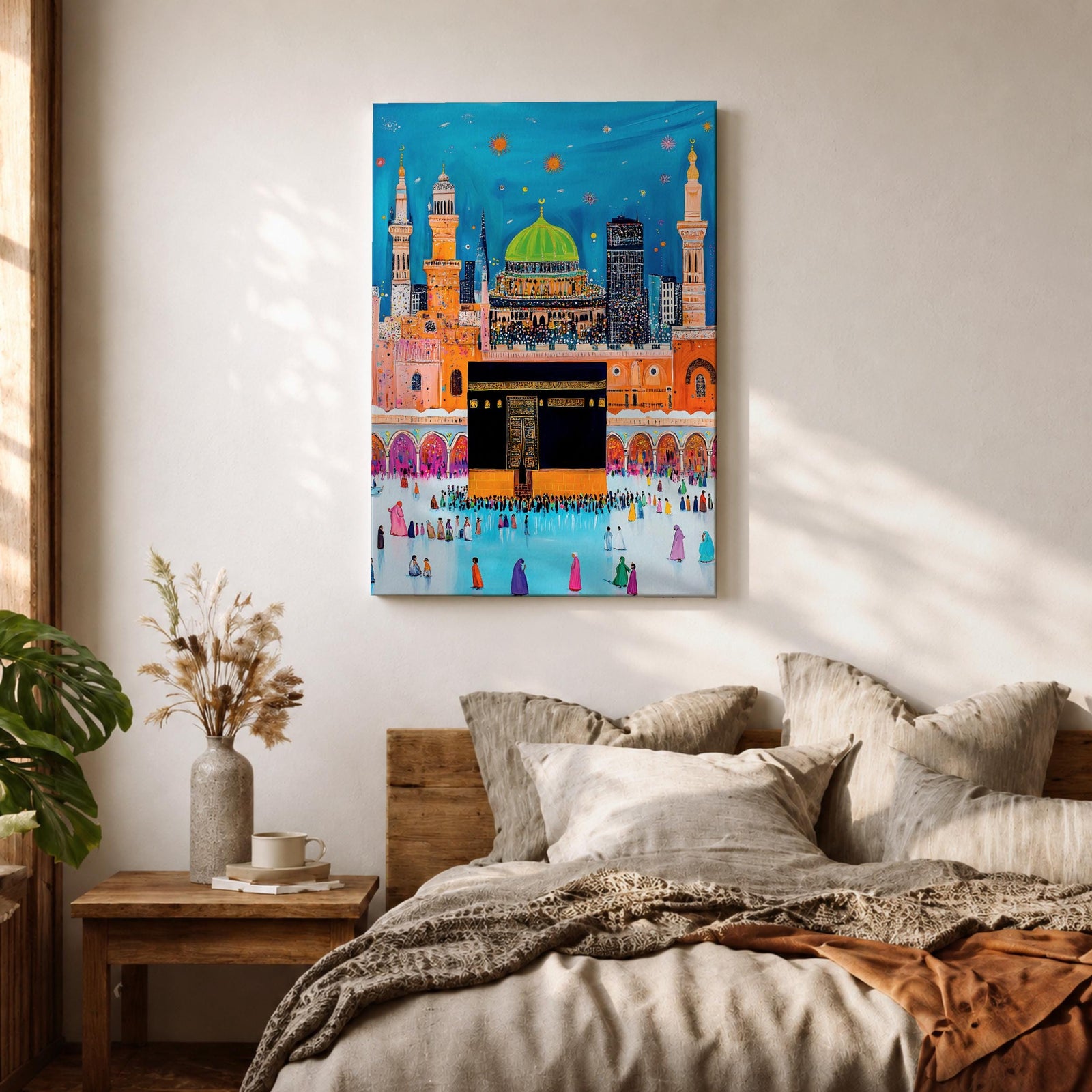 Colorful stylized illustration of the Kaaba at Masjid al-Haram in Mecca surrounded by bright mosque architecture, tall minarets, and crowds of pilgrims, with festive stars and decorative elements in a vibrant blue night sky creating a playful Islamic city scene.