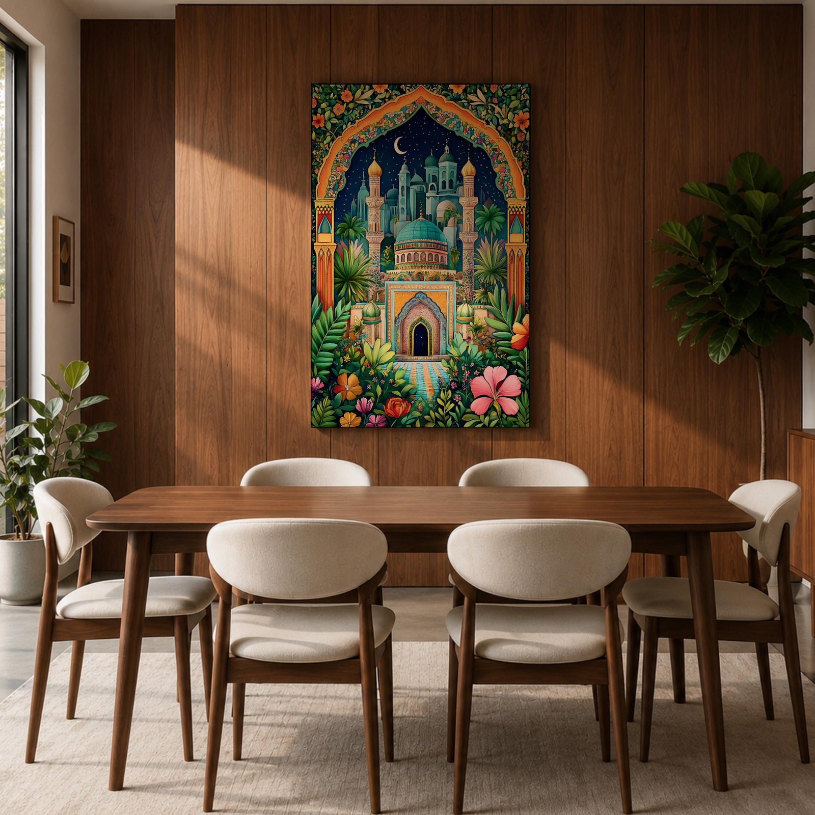 Colorful illustration of a domed Islamic mosque and minarets framed by a lush floral archway with palm trees and garden plants, set beneath a starry night sky with a crescent moon and surrounded by vibrant botanical patterns.