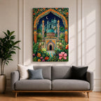 Colorful illustration of a domed Islamic mosque and minarets framed by a lush floral archway with palm trees and garden plants, set beneath a starry night sky with a crescent moon and surrounded by vibrant botanical patterns.