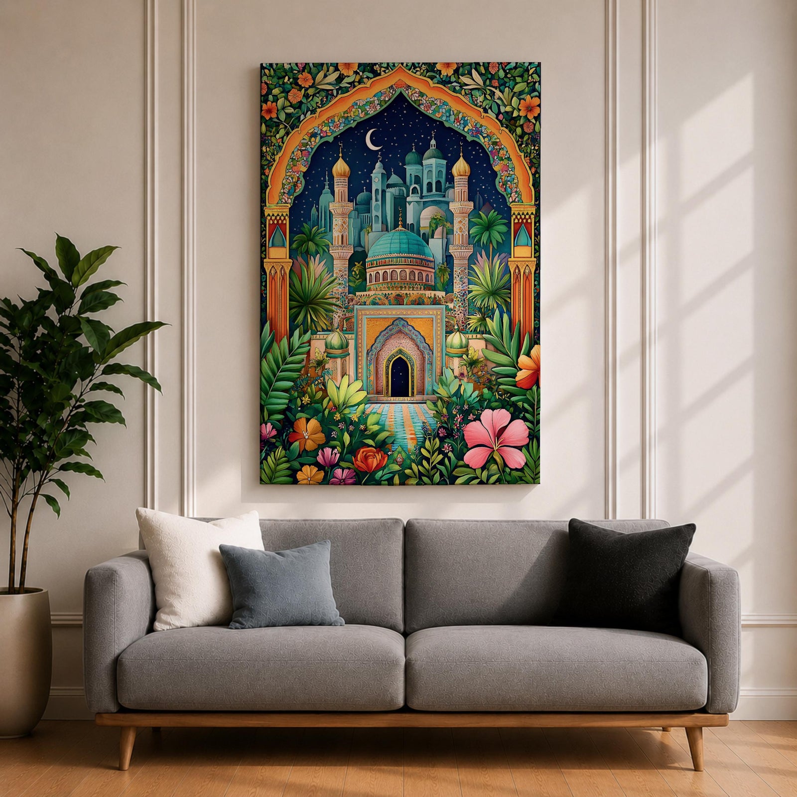 Colorful illustration of a domed Islamic mosque and minarets framed by a lush floral archway with palm trees and garden plants, set beneath a starry night sky with a crescent moon and surrounded by vibrant botanical patterns.
