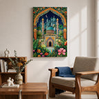 Colorful illustration of a domed Islamic mosque and minarets framed by a lush floral archway with palm trees and garden plants, set beneath a starry night sky with a crescent moon and surrounded by vibrant botanical patterns.