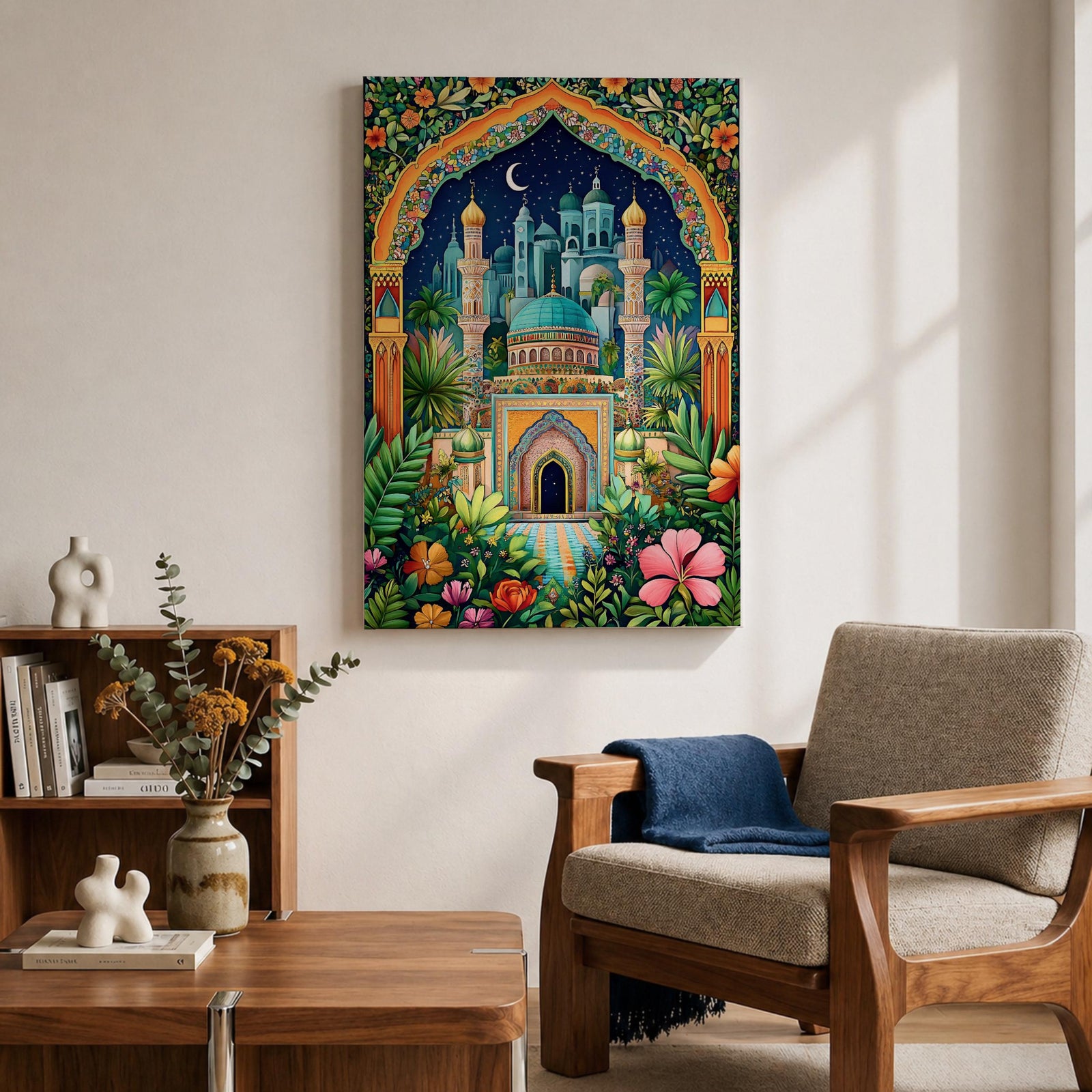 Colorful illustration of a domed Islamic mosque and minarets framed by a lush floral archway with palm trees and garden plants, set beneath a starry night sky with a crescent moon and surrounded by vibrant botanical patterns.