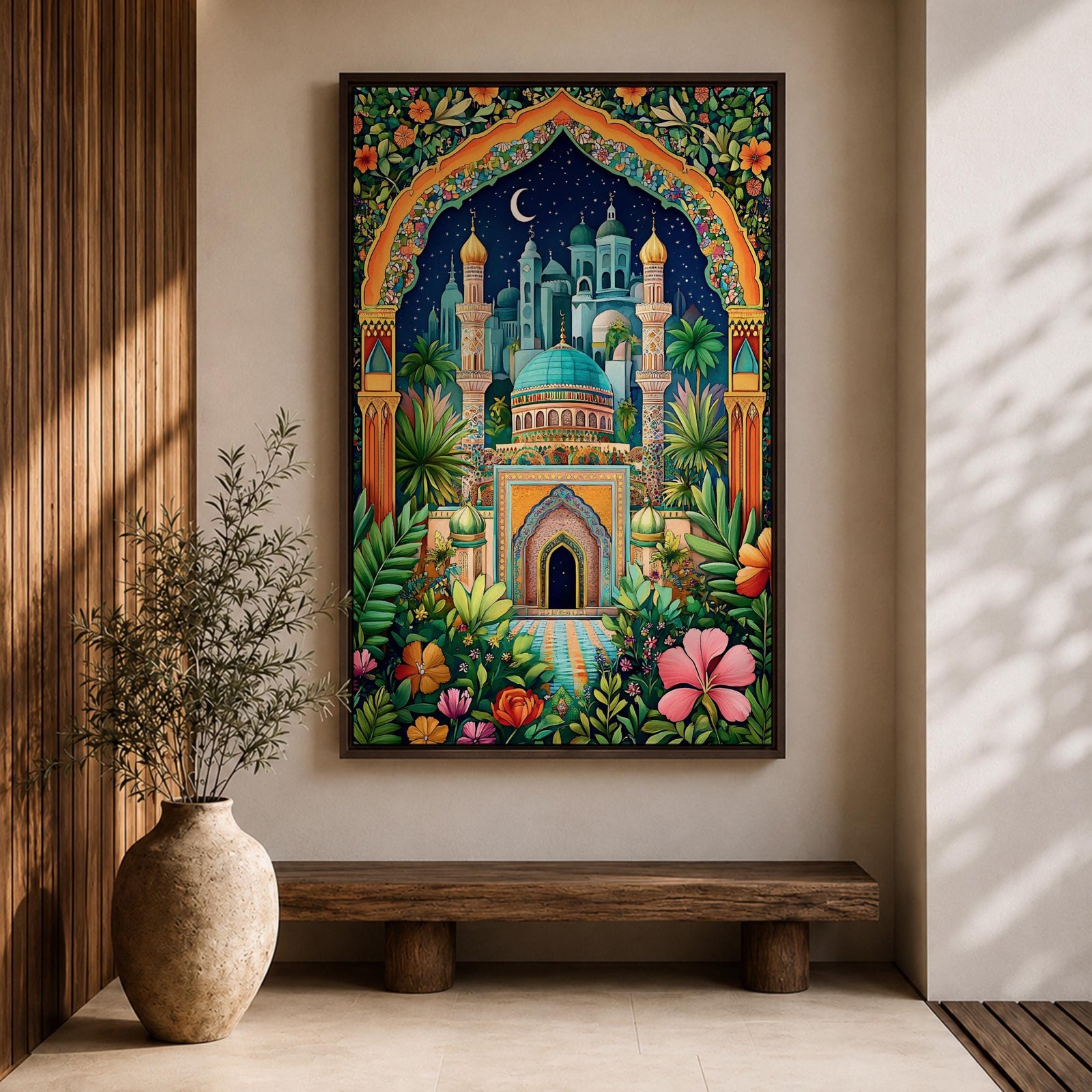 Colorful illustration of a domed Islamic mosque and minarets framed by a lush floral archway with palm trees and garden plants, set beneath a starry night sky with a crescent moon and surrounded by vibrant botanical patterns.