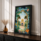 Colorful illustration of Al Aqsa Mosque complex featuring a golden dome shrine framed by a lush floral archway with palm trees, tropical leaves, and vibrant flowers surrounding a decorative courtyard leading to the mosque entrance.