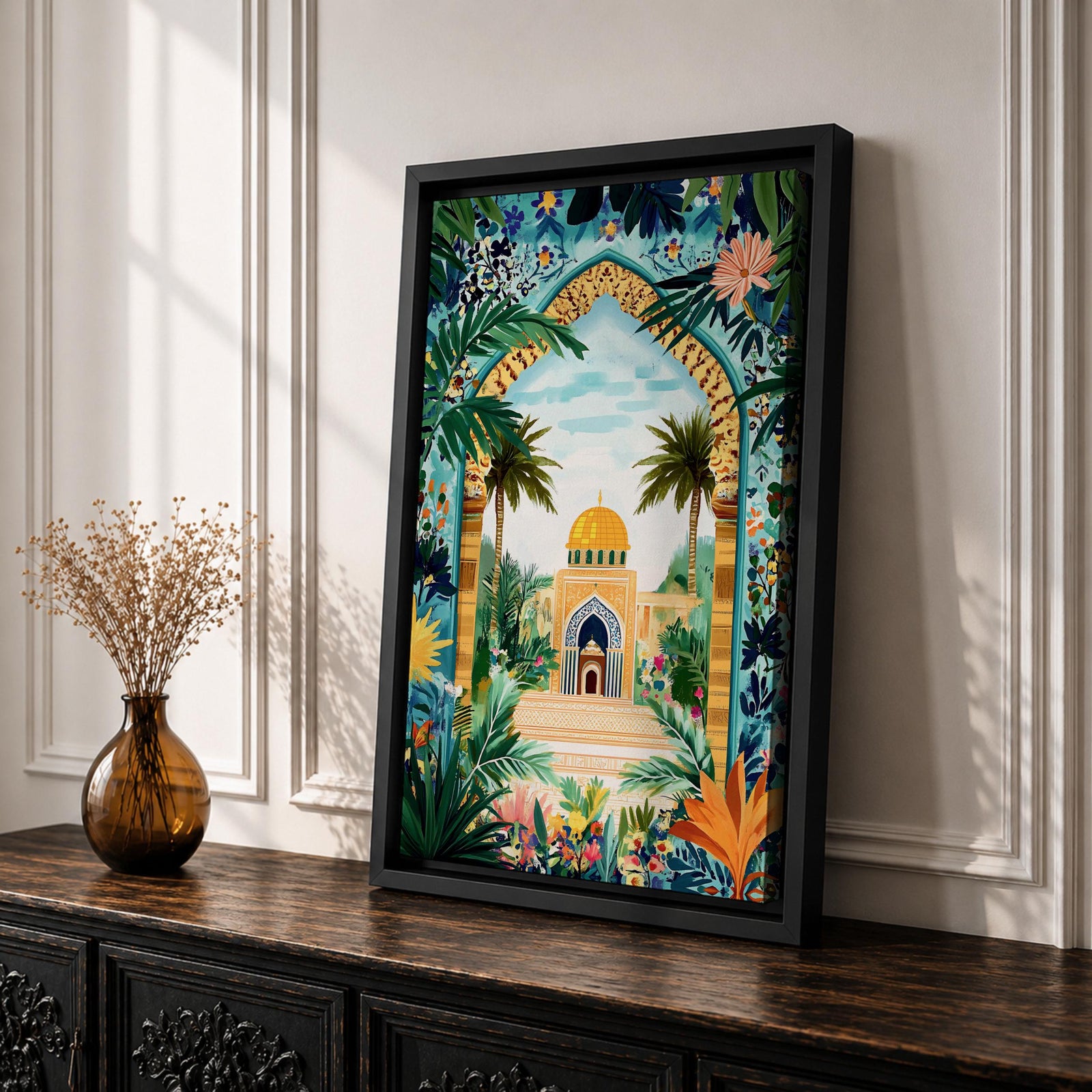 Colorful illustration of Al Aqsa Mosque complex featuring a golden dome shrine framed by a lush floral archway with palm trees, tropical leaves, and vibrant flowers surrounding a decorative courtyard leading to the mosque entrance.