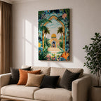 Colorful illustration of Al Aqsa Mosque complex featuring a golden dome shrine framed by a lush floral archway with palm trees, tropical leaves, and vibrant flowers surrounding a decorative courtyard leading to the mosque entrance.