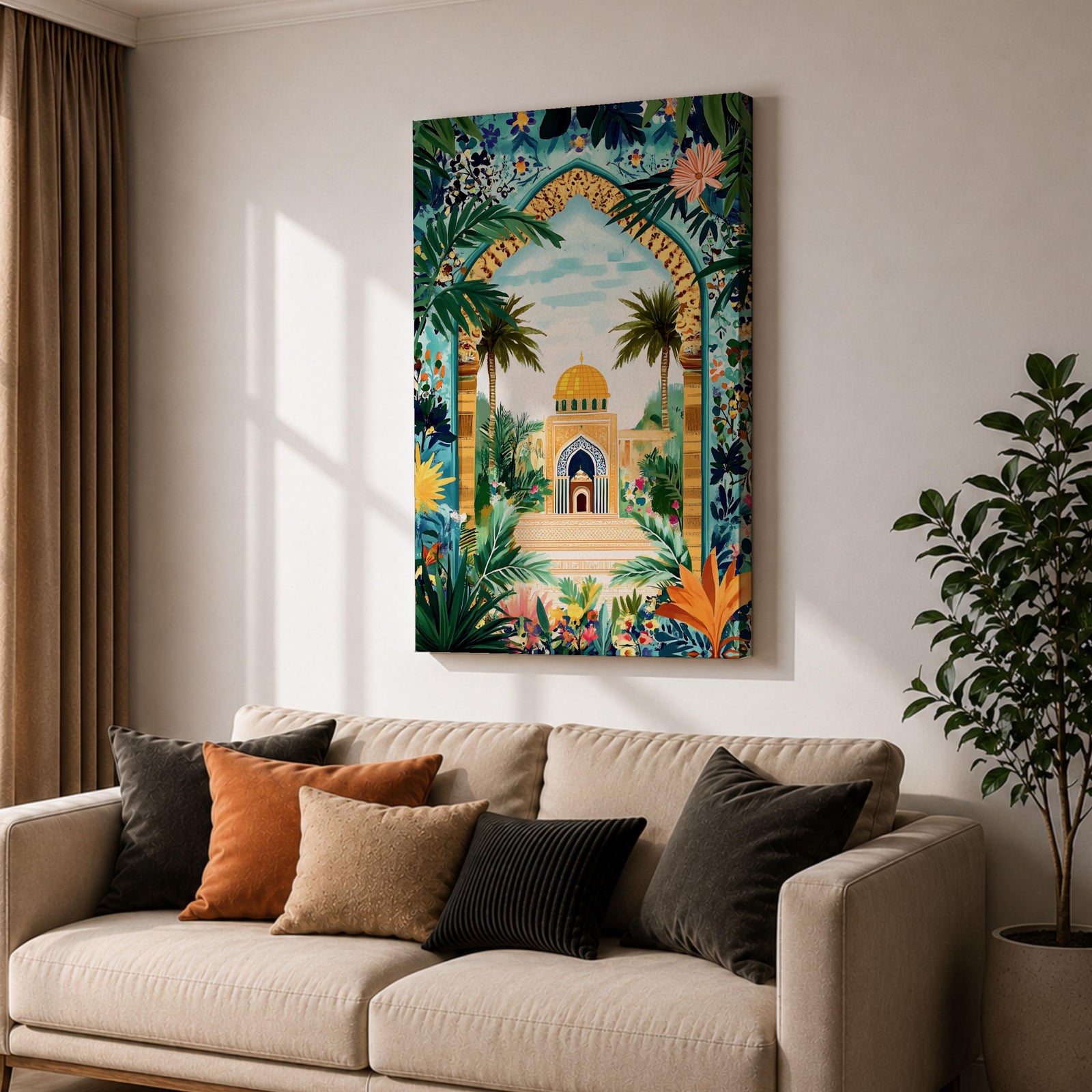 Colorful illustration of Al Aqsa Mosque complex featuring a golden dome shrine framed by a lush floral archway with palm trees, tropical leaves, and vibrant flowers surrounding a decorative courtyard leading to the mosque entrance.