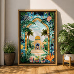 Colorful illustration of Al Aqsa Mosque complex featuring a golden dome shrine framed by a lush floral archway with palm trees, tropical leaves, and vibrant flowers surrounding a decorative courtyard leading to the mosque entrance.