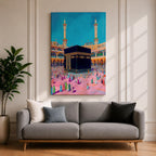 Colorful illustration of the sacred Kaaba at Masjid al-Haram in Mecca surrounded by pilgrims performing tawaf in the mosque courtyard, with two tall minarets rising above the holy mosque under a bright blue sky.