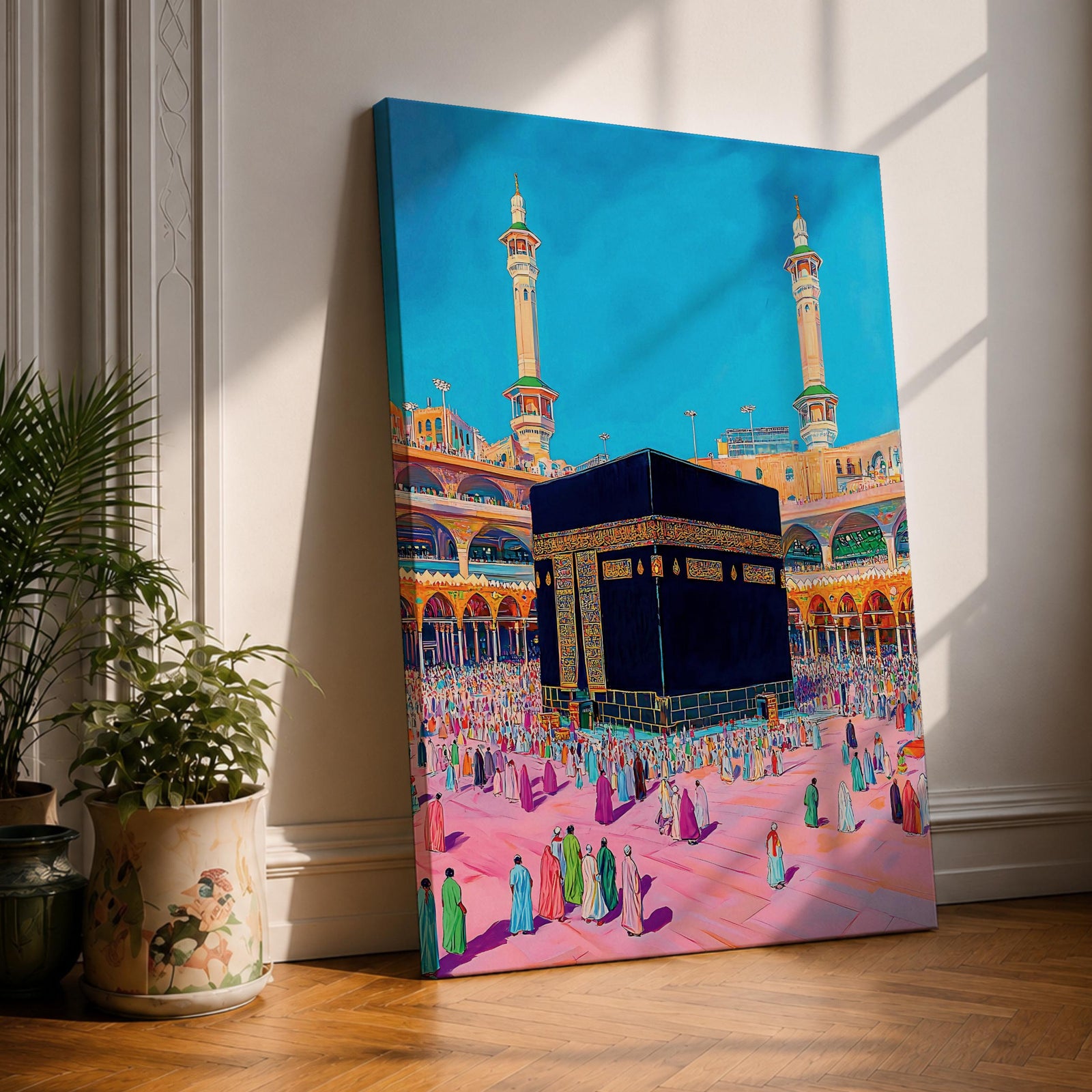 Colorful illustration of the sacred Kaaba at Masjid al-Haram in Mecca surrounded by pilgrims performing tawaf in the mosque courtyard, with two tall minarets rising above the holy mosque under a bright blue sky.