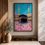 Colorful illustration of the sacred Kaaba at Masjid al-Haram in Mecca surrounded by pilgrims performing tawaf in the mosque courtyard, with two tall minarets rising above the holy mosque under a bright blue sky.