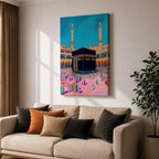 Colorful illustration of the sacred Kaaba at Masjid al-Haram in Mecca surrounded by pilgrims performing tawaf in the mosque courtyard, with two tall minarets rising above the holy mosque under a bright blue sky.