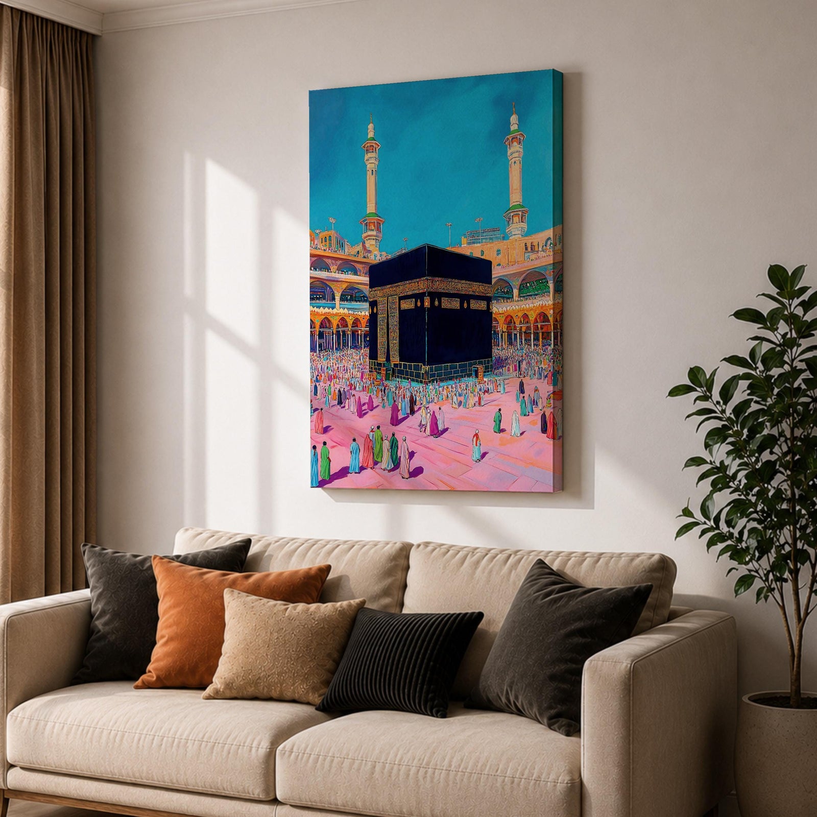 Colorful illustration of the sacred Kaaba at Masjid al-Haram in Mecca surrounded by pilgrims performing tawaf in the mosque courtyard, with two tall minarets rising above the holy mosque under a bright blue sky.