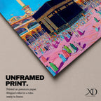 Colorful illustration of the sacred Kaaba at Masjid al-Haram in Mecca surrounded by pilgrims performing tawaf in the mosque courtyard, with two tall minarets rising above the holy mosque under a bright blue sky.
