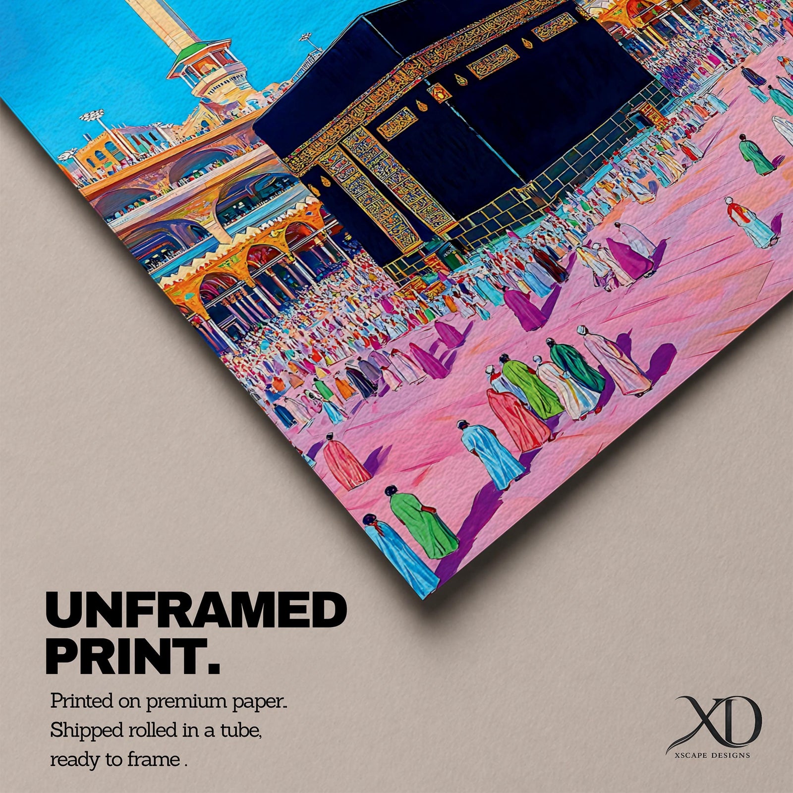 Colorful illustration of the sacred Kaaba at Masjid al-Haram in Mecca surrounded by pilgrims performing tawaf in the mosque courtyard, with two tall minarets rising above the holy mosque under a bright blue sky.