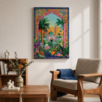 Colorful illustration of Masjid Al Nabawi in Medina featuring the iconic green dome and tall minaret seen through a decorative garden archway surrounded by palm trees, flowers, and lush plants at sunset.