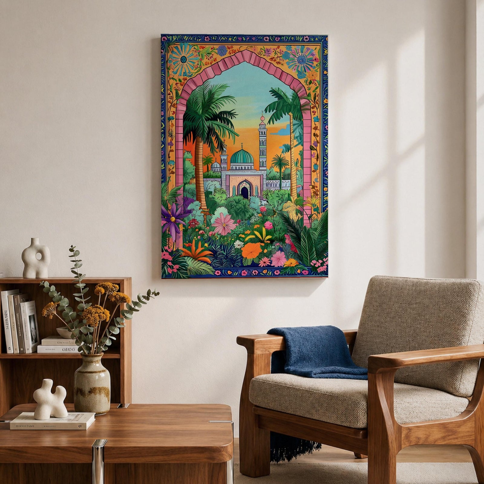 Colorful illustration of Masjid Al Nabawi in Medina featuring the iconic green dome and tall minaret seen through a decorative garden archway surrounded by palm trees, flowers, and lush plants at sunset.