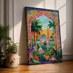 Colorful illustration of Masjid Al Nabawi in Medina featuring the iconic green dome and tall minaret seen through a decorative garden archway surrounded by palm trees, flowers, and lush plants at sunset.