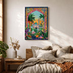 Colorful illustration of Masjid Al Nabawi in Medina featuring the iconic green dome and tall minaret seen through a decorative garden archway surrounded by palm trees, flowers, and lush plants at sunset.