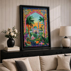 Colorful illustration of Masjid Al Nabawi in Medina featuring the iconic green dome and tall minaret seen through a decorative garden archway surrounded by palm trees, flowers, and lush plants at sunset.