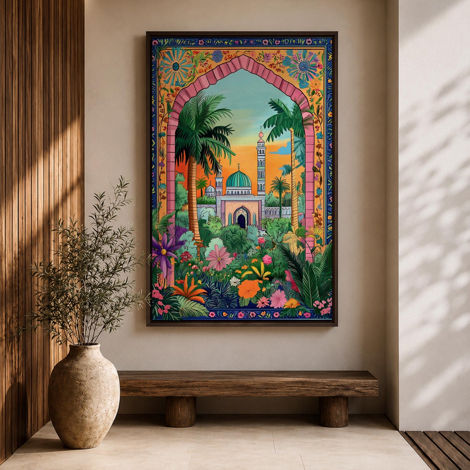 Colorful illustration of Masjid Al Nabawi in Medina featuring the iconic green dome and tall minaret seen through a decorative garden archway surrounded by palm trees, flowers, and lush plants at sunset.