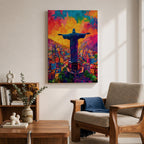 Illustration of the Christ the Redeemer statue standing atop Corcovado mountain in Rio de Janeiro with arms outstretched, silhouetted against a glowing sunset sky, the monumental figure illuminated by warm golden light, rendered with soft shading and dramatic color in a devotional composition centered on the iconic Brazilian Catholic landmark.