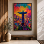 Illustration of the Christ the Redeemer statue standing atop Corcovado mountain in Rio de Janeiro with arms outstretched, silhouetted against a glowing sunset sky, the monumental figure illuminated by warm golden light, rendered with soft shading and dramatic color in a devotional composition centered on the iconic Brazilian Catholic landmark.