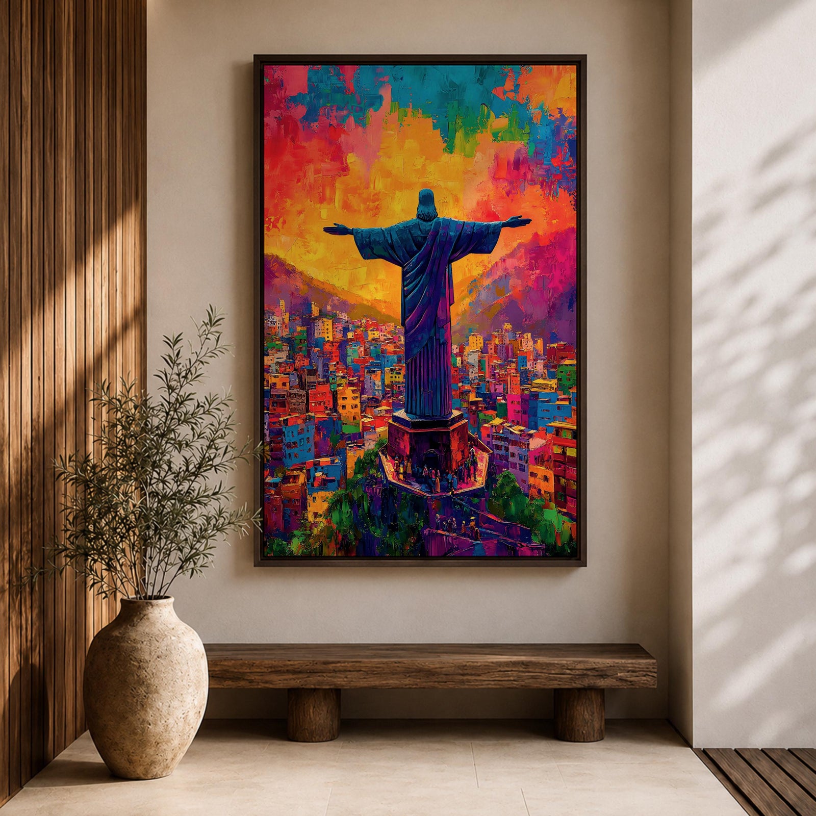 Illustration of the Christ the Redeemer statue standing atop Corcovado mountain in Rio de Janeiro with arms outstretched, silhouetted against a glowing sunset sky, the monumental figure illuminated by warm golden light, rendered with soft shading and dramatic color in a devotional composition centered on the iconic Brazilian Catholic landmark.