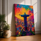 Illustration of the Christ the Redeemer statue standing atop Corcovado mountain in Rio de Janeiro with arms outstretched, silhouetted against a glowing sunset sky, the monumental figure illuminated by warm golden light, rendered with soft shading and dramatic color in a devotional composition centered on the iconic Brazilian Catholic landmark.