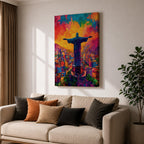 Illustration of the Christ the Redeemer statue standing atop Corcovado mountain in Rio de Janeiro with arms outstretched, silhouetted against a glowing sunset sky, the monumental figure illuminated by warm golden light, rendered with soft shading and dramatic color in a devotional composition centered on the iconic Brazilian Catholic landmark.