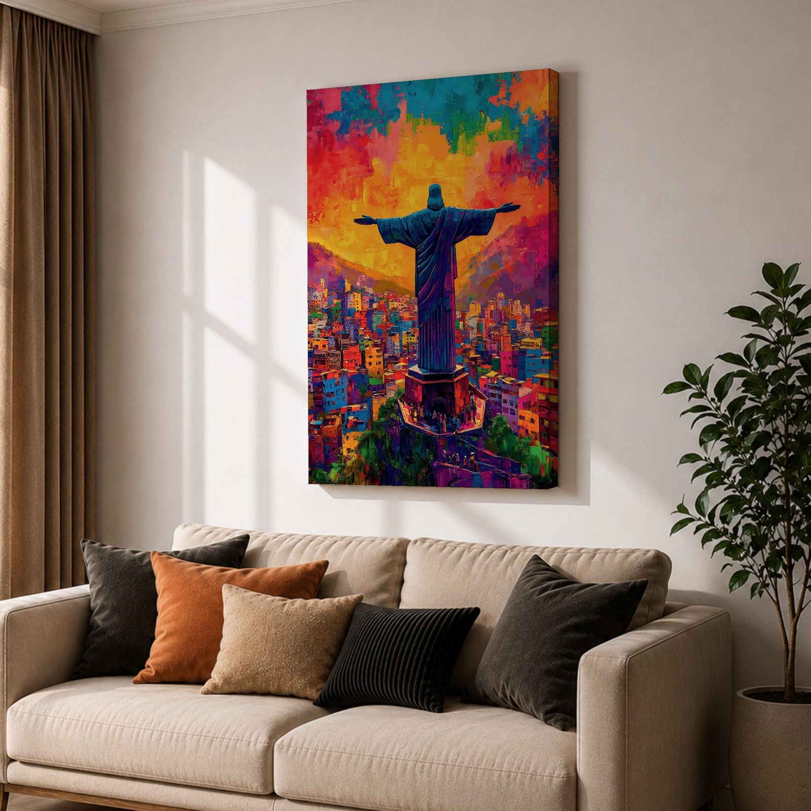 Illustration of the Christ the Redeemer statue standing atop Corcovado mountain in Rio de Janeiro with arms outstretched, silhouetted against a glowing sunset sky, the monumental figure illuminated by warm golden light, rendered with soft shading and dramatic color in a devotional composition centered on the iconic Brazilian Catholic landmark.