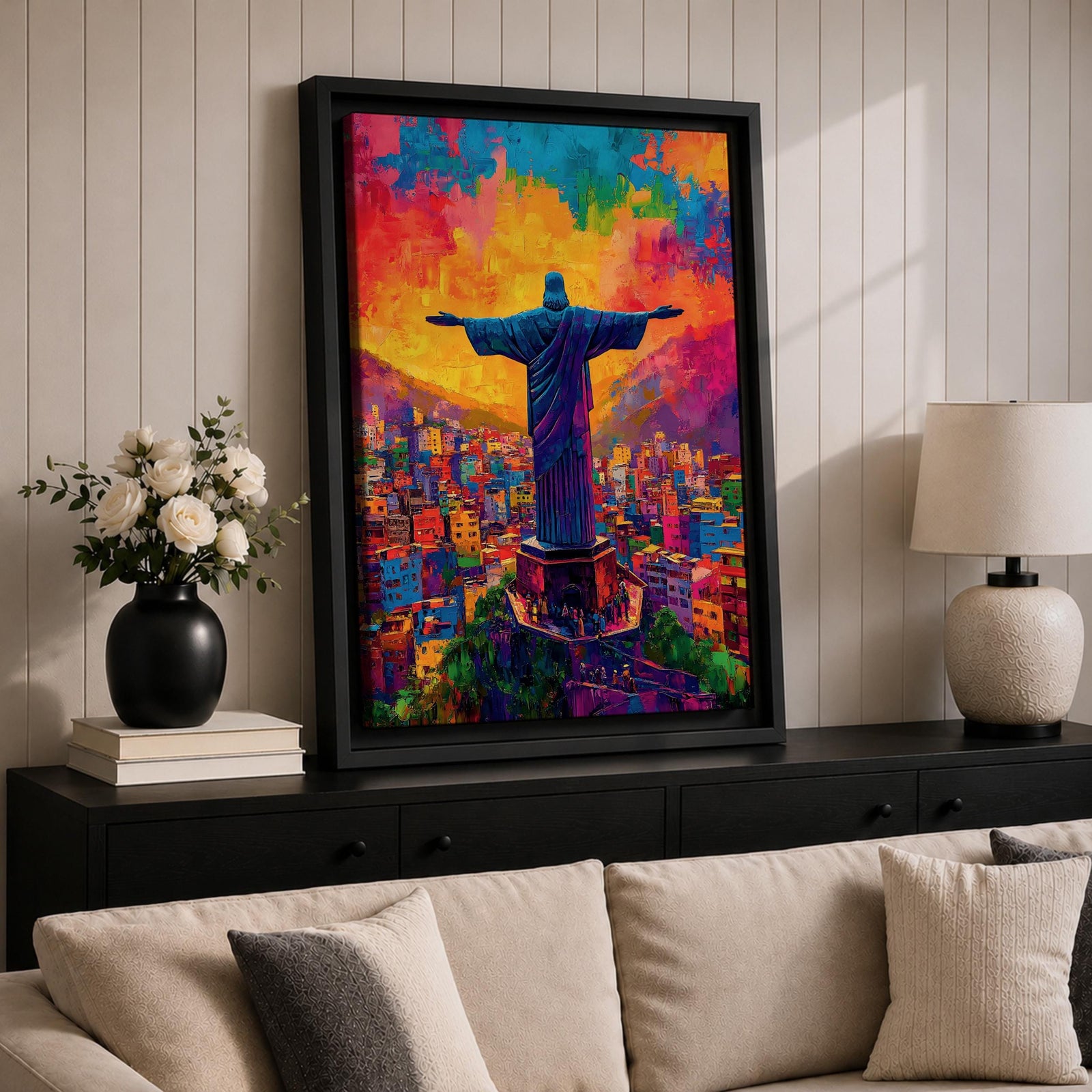 Illustration of the Christ the Redeemer statue standing atop Corcovado mountain in Rio de Janeiro with arms outstretched, silhouetted against a glowing sunset sky, the monumental figure illuminated by warm golden light, rendered with soft shading and dramatic color in a devotional composition centered on the iconic Brazilian Catholic landmark.