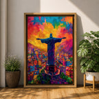 Illustration of the Christ the Redeemer statue standing atop Corcovado mountain in Rio de Janeiro with arms outstretched, silhouetted against a glowing sunset sky, the monumental figure illuminated by warm golden light, rendered with soft shading and dramatic color in a devotional composition centered on the iconic Brazilian Catholic landmark.