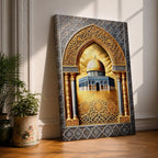 Ornate artwork of the Dome of the Rock in Jerusalem framed by a decorative Islamic archway with intricate geometric patterns and golden architectural details surrounding the iconic golden dome shrine.