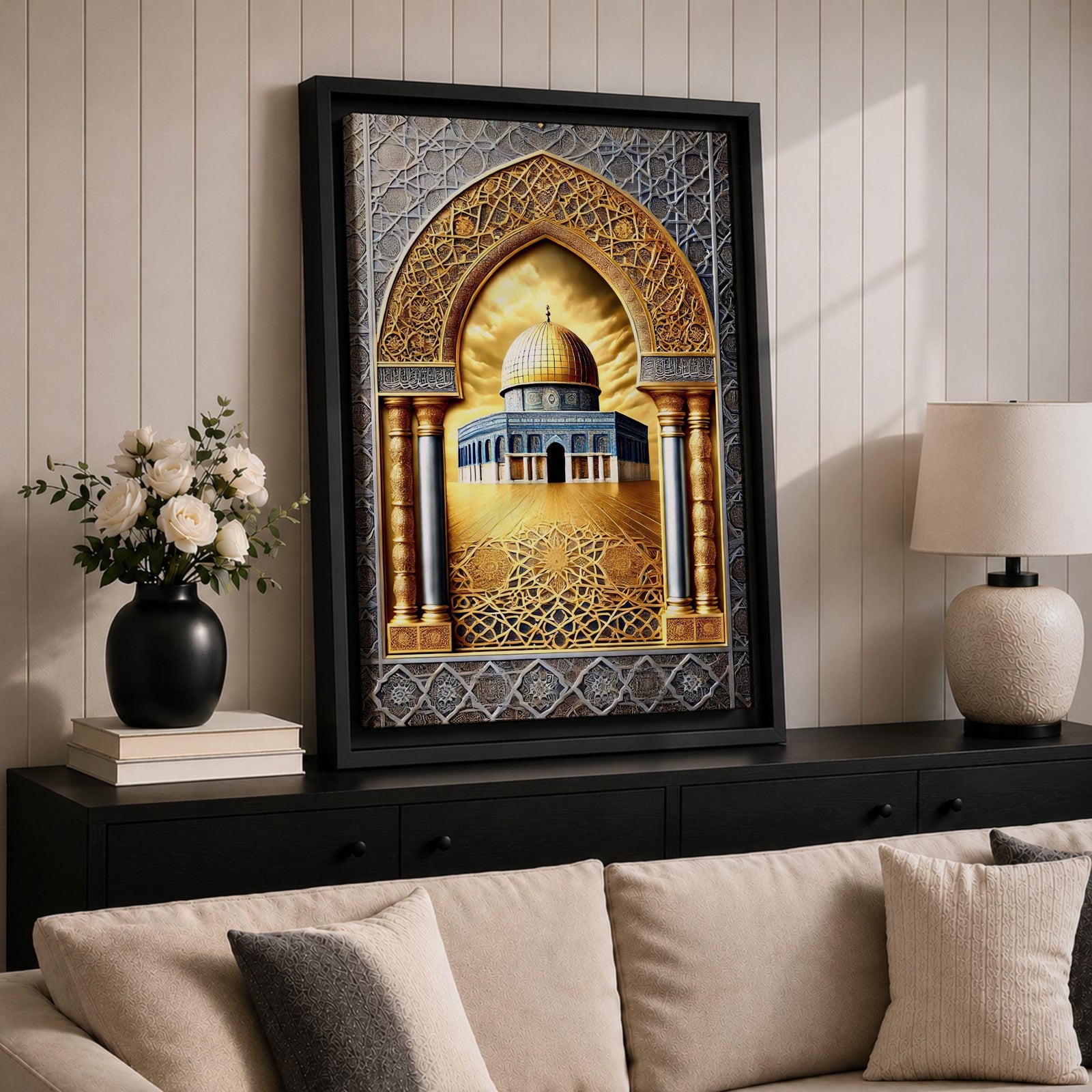 Ornate artwork of the Dome of the Rock in Jerusalem framed by a decorative Islamic archway with intricate geometric patterns and golden architectural details surrounding the iconic golden dome shrine.