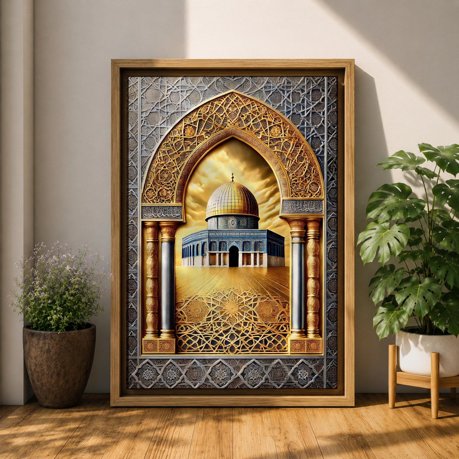 Ornate artwork of the Dome of the Rock in Jerusalem framed by a decorative Islamic archway with intricate geometric patterns and golden architectural details surrounding the iconic golden dome shrine.
