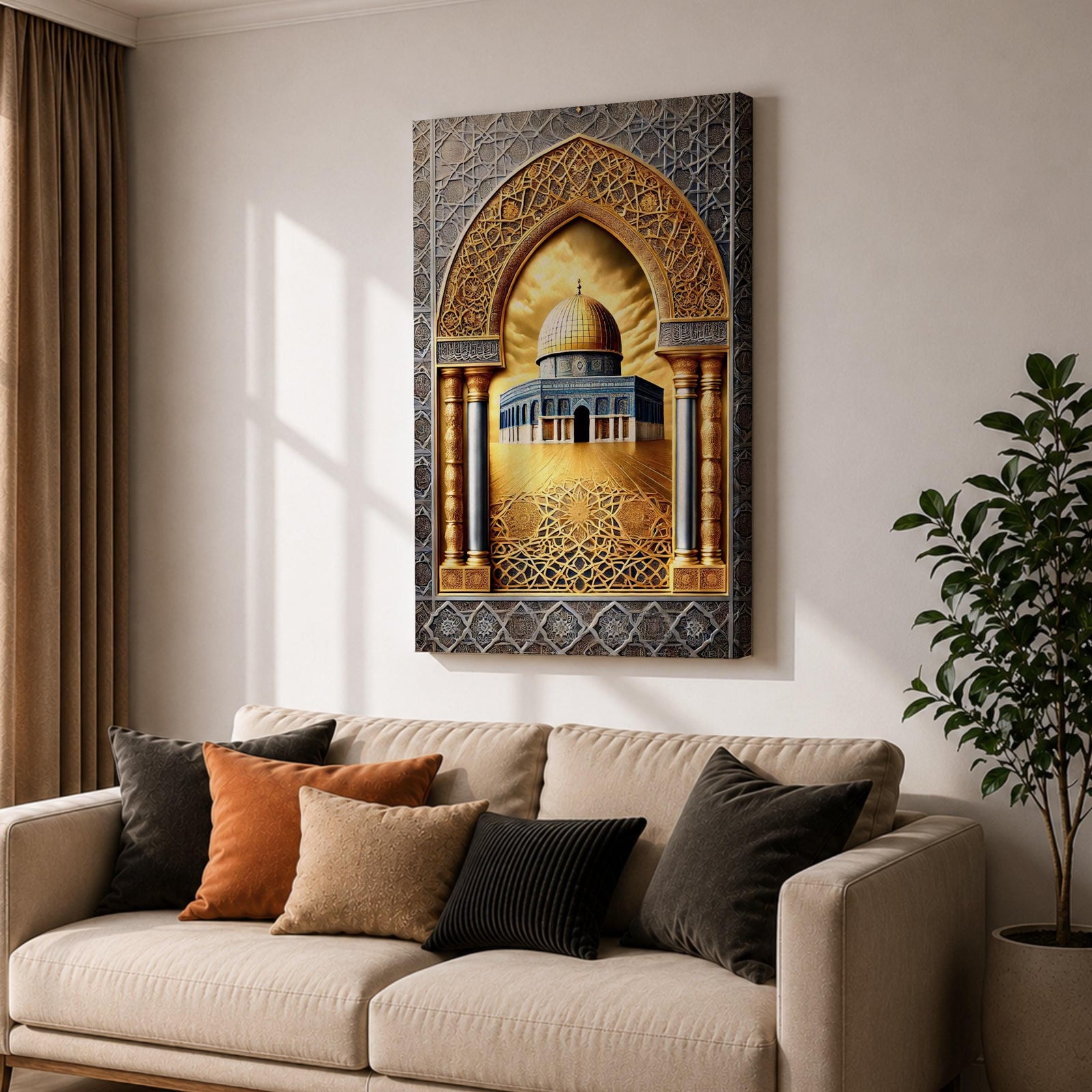 Ornate artwork of the Dome of the Rock in Jerusalem framed by a decorative Islamic archway with intricate geometric patterns and golden architectural details surrounding the iconic golden dome shrine.