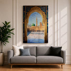 Artwork of Masjid Al Nabawi in Medina seen through an ornate stone arch with intricate Islamic patterns, featuring the iconic green dome, tall minaret, and the mosque’s peaceful courtyard beneath a bright blue sky with birds in flight.