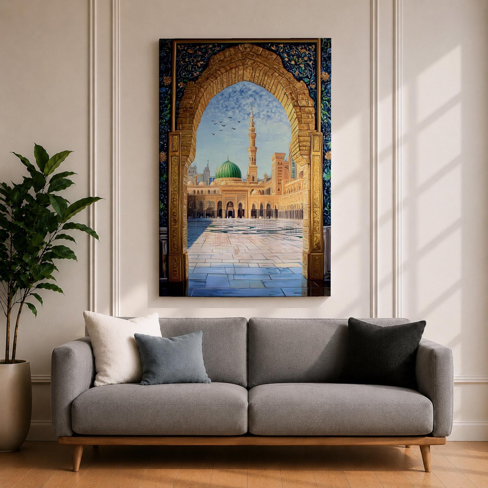 Artwork of Masjid Al Nabawi in Medina seen through an ornate stone arch with intricate Islamic patterns, featuring the iconic green dome, tall minaret, and the mosque’s peaceful courtyard beneath a bright blue sky with birds in flight.