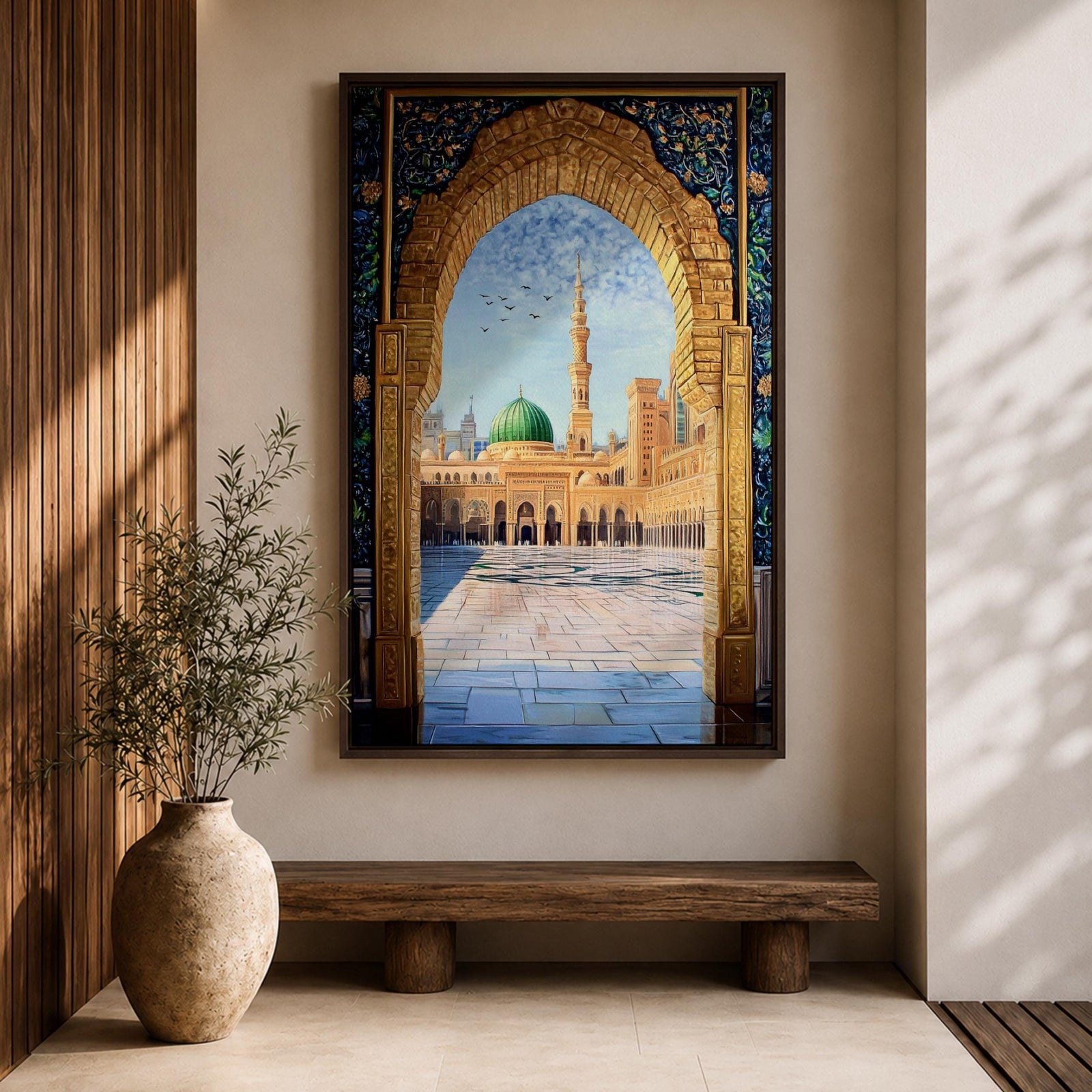 Artwork of Masjid Al Nabawi in Medina seen through an ornate stone arch with intricate Islamic patterns, featuring the iconic green dome, tall minaret, and the mosque’s peaceful courtyard beneath a bright blue sky with birds in flight.